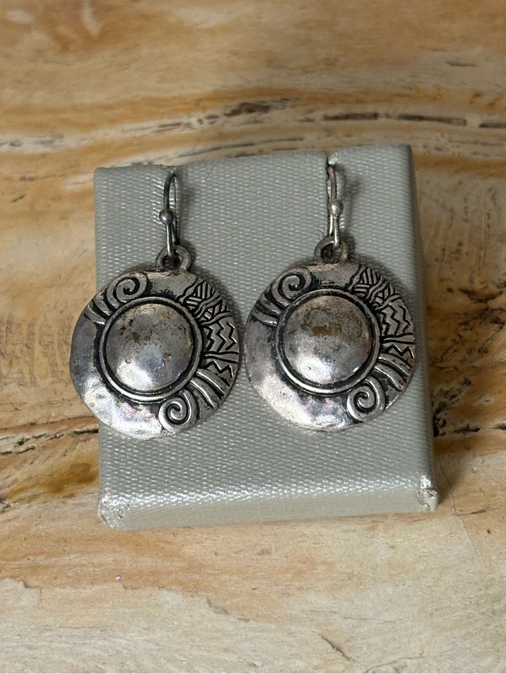 Silver Round Etched Bohemian Southwestern Dangle Earrings
